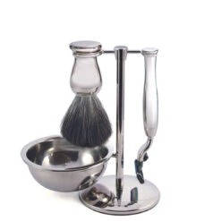 Set De Rasage 4 Pièces - Blaireau à Fibres Synthétiques + Rasoir Gillette Mach3 + Bol + Support 3 En 1 - Chromé