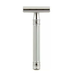 Rasoir De Sûreté En Acier Inoxydable à Double Tranchant Rainuré Argent Anodisé + Paquet De Lames De Rasoir Feather