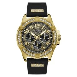 Montre Guess W1132G1 - FRONTIER Boîtier Acier Doré Brillant Avec Cristaux Cadran Noir Multifonction Bracelet Silicone Noir Avec Cristaux Homme