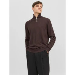 Jack & Jones Pull Zip à Quart Marron Foncé