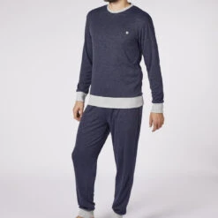 Pyjama Long Homme En Coton - Bleu Chiné Et Gris Clair