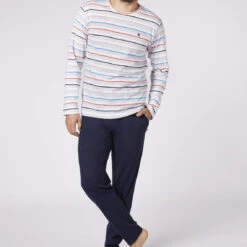 Pyjama Long Homme - Rayures Colorées / Bleu Marine Uni