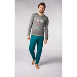 Pyjama Long Homme En Coton Gris Chiné Imprimé/ Vert