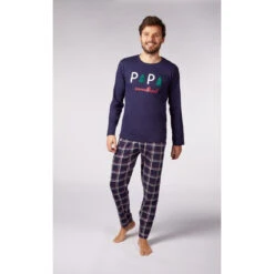Pyjama Long Homme Bleu Marine Imprimé/ Bleu Marine à Carreaux Rouges