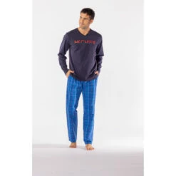 Pyjama Long Homme En Coton Bleu Marine/ Bleu à Carreaux
