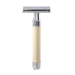 Rasoir De Sûreté à Double Tranchant Avec Manche Doublé En Caoutchouc Imitation Ivoire Chromé Et Lame Plume